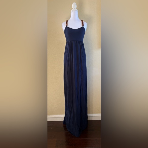 TORY BURCH Navy Stacey Maxi Slip Dress Plastic Tortoise Shell Chain Straps M (8) - Picture 2 of 7